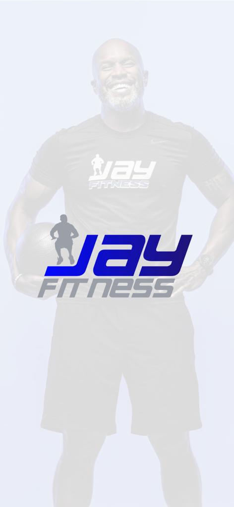 Jay Fitness - Jay Fitness app splash screen featuring the official logo and a trainer in the background