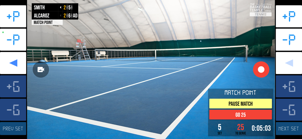 BT Tennis Camera app interface showing a live tennis match with professional score and set overlays