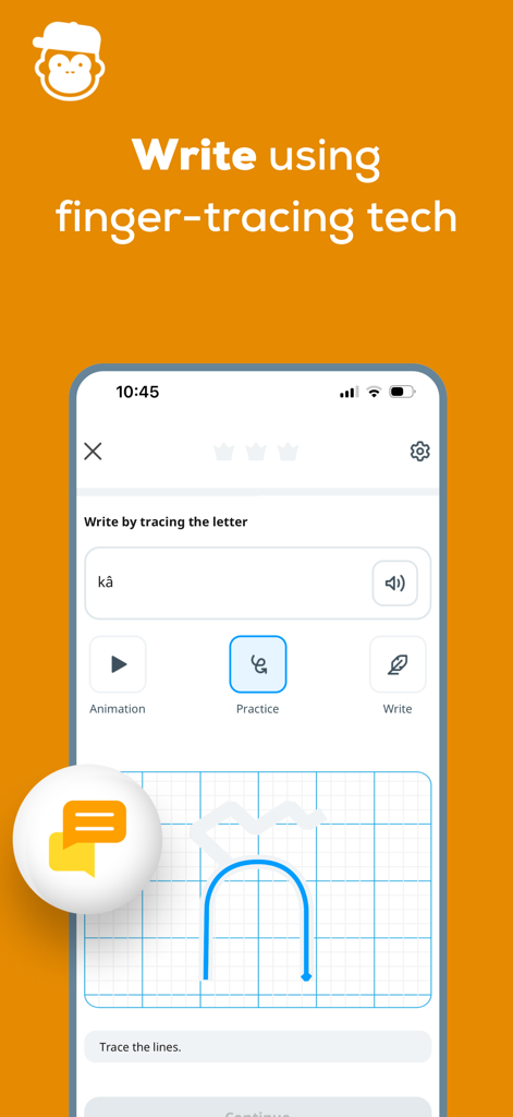 Ling app interface showing the finger-tracing feature for practicing writing foreign language characters.