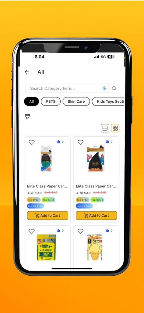Go Gomla - Pantalla de la aplicación móvil Go Gomla mostrando categorías de productos como Mascotas y Cuidado de la Piel con artículos de mayorista con descuento