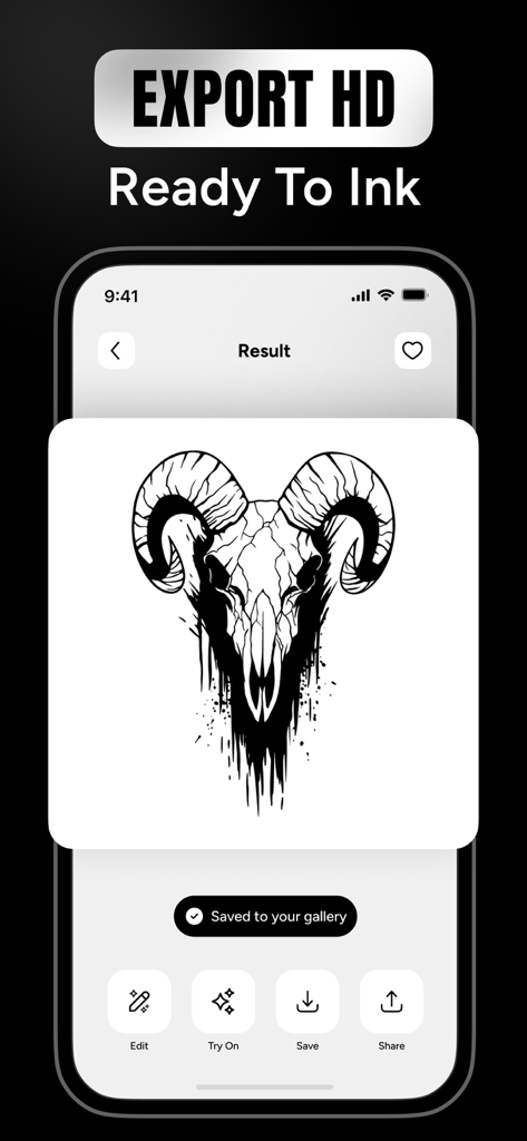 AI Tattoo Generator - Creator - AI tattoo generator app interface showing a high definition ram skull design ready to export and save to gallery.