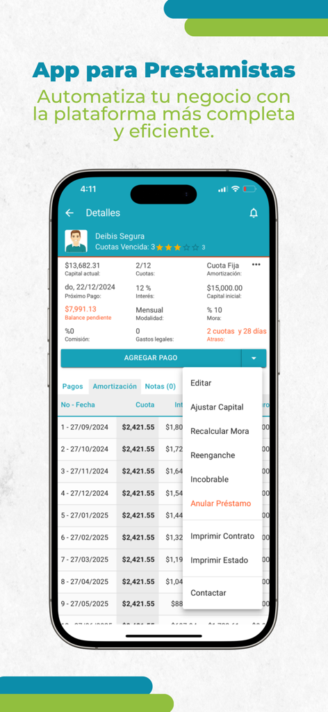 PrestamistApp 3.0 - Uma tela detalhada de gerenciamento de empréstimos no PrestamistApp mostrando informações do mutuário, plano de pagamento e opções administrativas