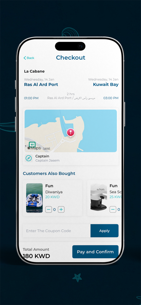 Waves: Stay, Sail & Ride - Page de paiement de l'application Waves montrant les détails de réservation d'une sortie en yacht, y compris la carte et les options supplémentaires