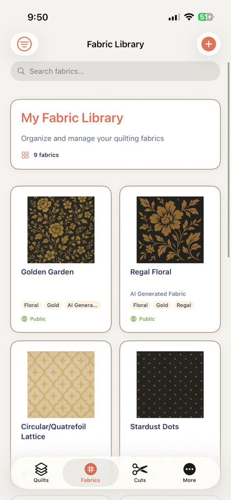 A digital fabric library screen in the Quiltler 3 app showing various floral and patterned fabrics for quilt design projects.