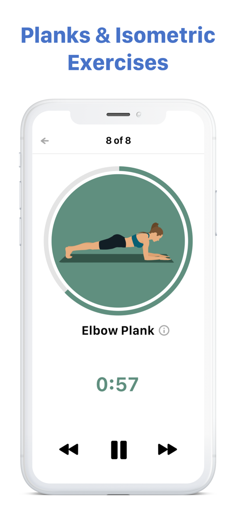 Écran d'exercice de planche coudes avec compte à rebours dans l'application Stretch Club