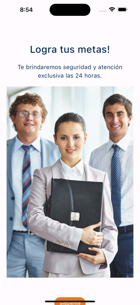 CRB GMM V2 - Introductory screen for the CRB GMM app showing a team of professionals and text about achieving goals