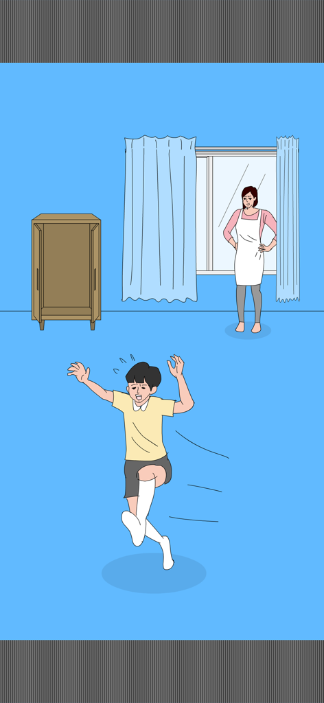 A boy running away from his angry mom in the game Hidden my game by mom