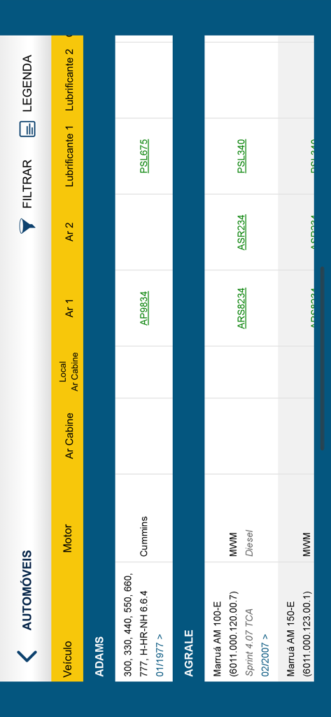 Filtros Tecfilアプリのインターフェース。車両フィルターのアプリケーションカタログテーブルが表示されています。