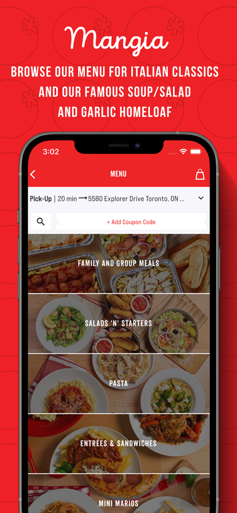 East Side Mario's モバイルアプリのメニュー画面。注文用の様々なイタリア料理カテゴリーを表示。