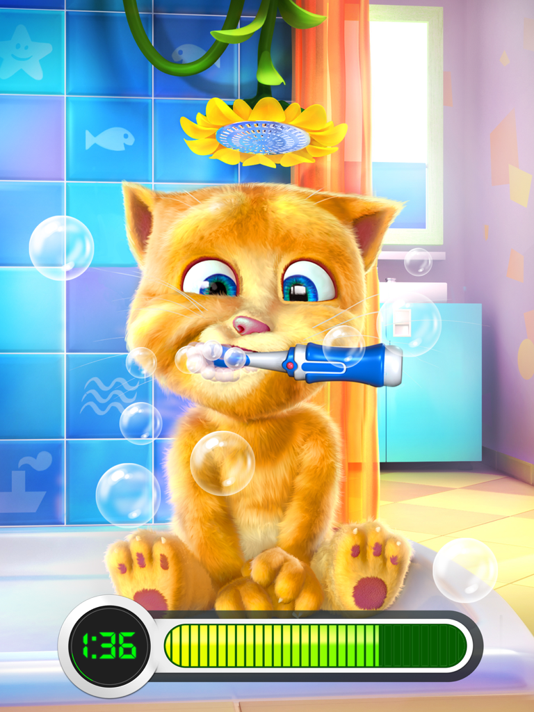 Talking Ginger for iPad - Talking Ginger the orange kitten brushing his teeth in a bathroom with a timer.