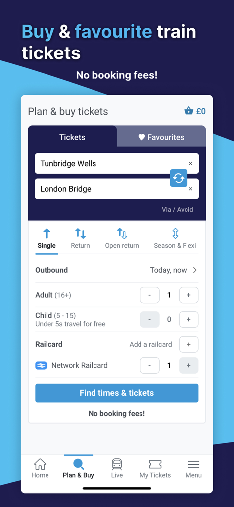 Southeastern: Train tickets - Southeastern 앱 화면, 여정 정보와 예약 수수료 없는 기차표 예매 및 계획