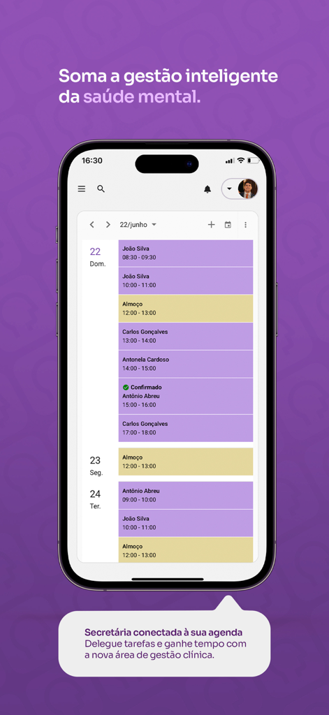Soma Psico - Soma Psico clinical calendar displaying a daily schedule for mental health practitioners