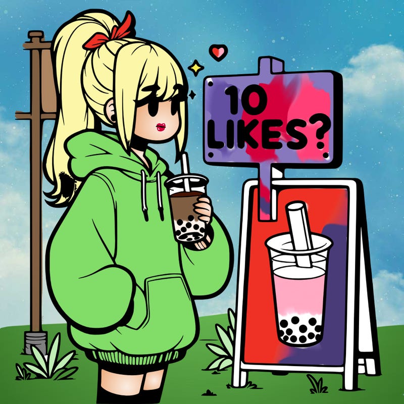 girl with oversized hoodie drinking boba and she has a high ponytail with a sign that says 10likes?