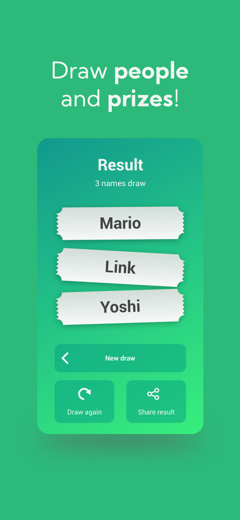 Easy Raffleアプリインターフェース。3つの名前がデジタル抽選券に抽選されて表示されています。
