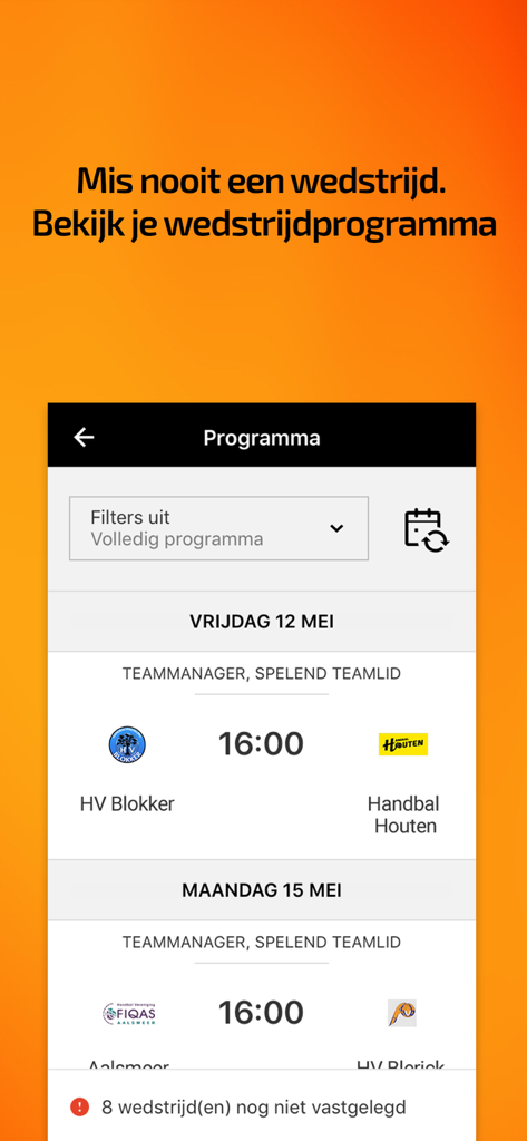 HandbalNL app interface showing a list of scheduled handball matches and game times