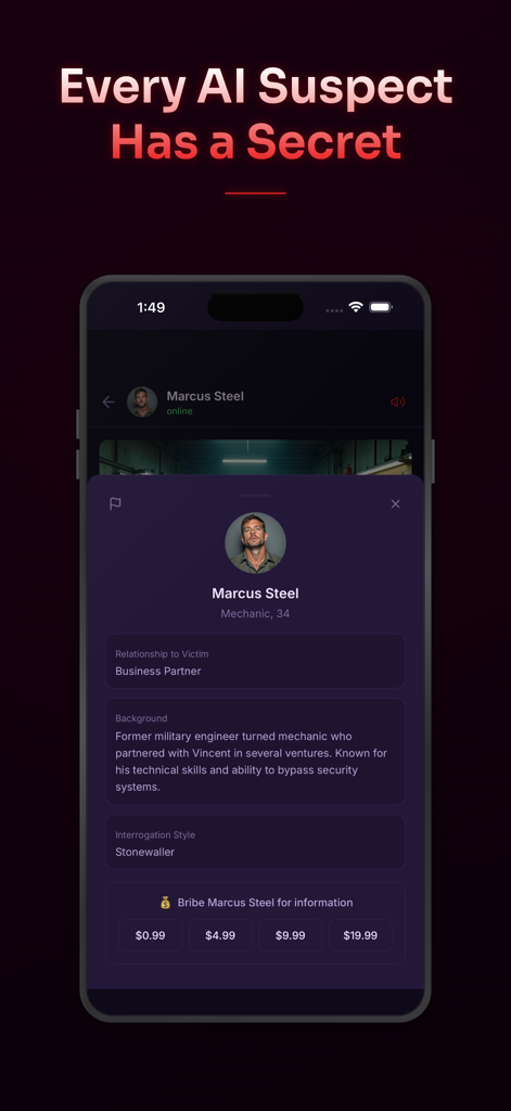 Mystery Lab: Case Files - Perfil de suspeito de IA de Marcus Steel no aplicativo Mystery Lab mostrando o histórico do personagem e opções de suborno para interrogatório.