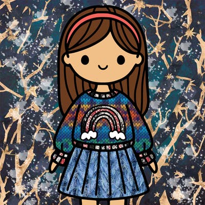 girl with a sweater on with a rainbow on it, she is wearing a skirt, she has waist length hair, with a plain headband