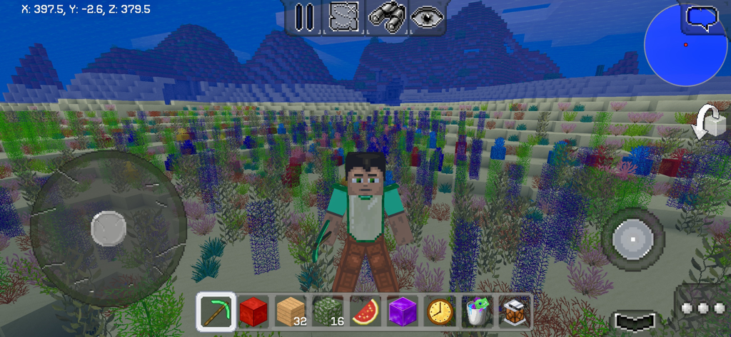 A character explores a vibrant underwater coral reef in MultiCraft