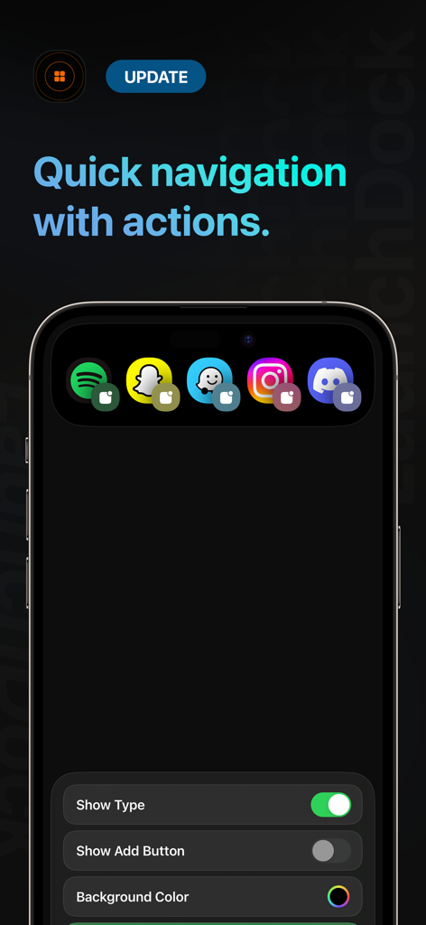 LaunchDock: Activity Launcher - LaunchDock app displaying quick navigation shortcuts for popular apps in the iPhone Dynamic Island