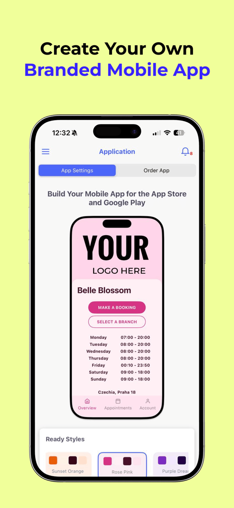 tobook.link: Booking System - Interface for creating a custom branded mobile booking app with personalized color styles
