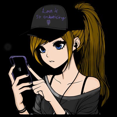 realistic girl with a long ponytail and trucker hat holding an iphone