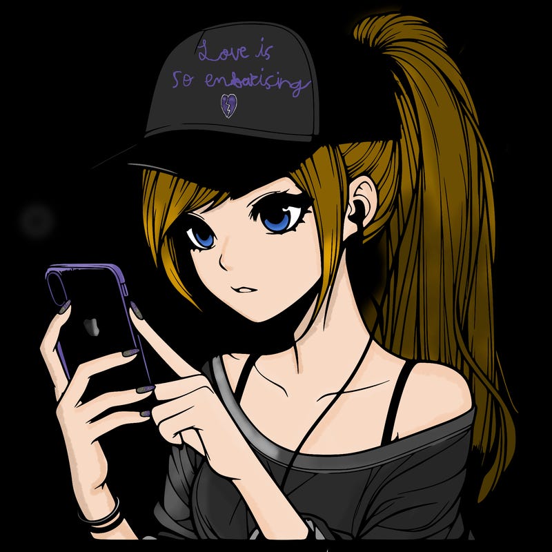 realistic girl with a long ponytail and trucker hat holding an iphone