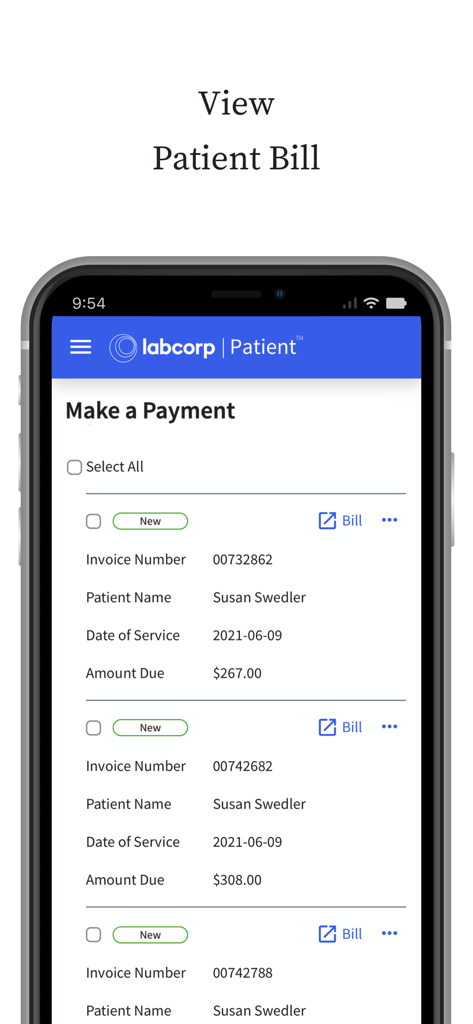 Interfaz de la aplicación Labcorp Paciente que muestra facturas de pacientes y opciones de pago.
