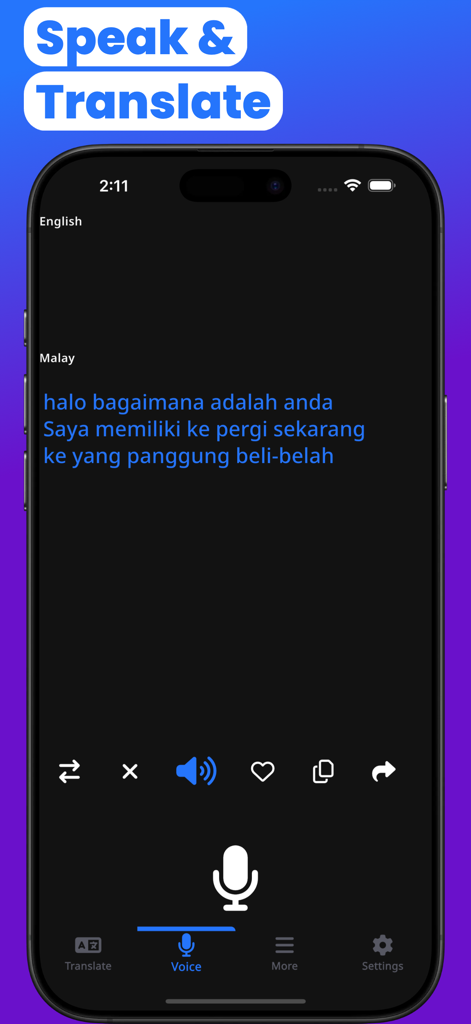 Malay-English Translator Words - Voice translation screen of the Malay English Translator app