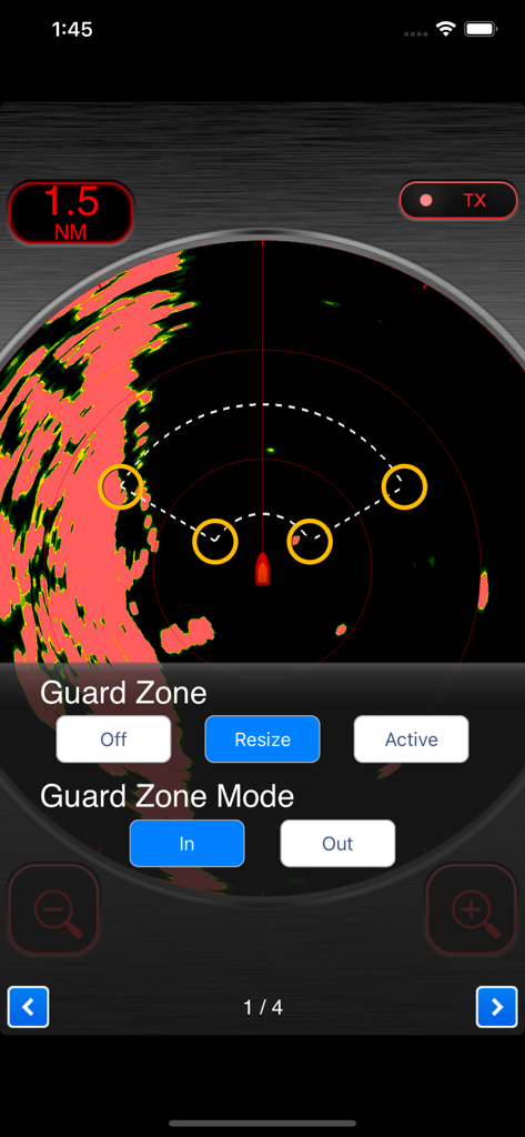 Interfaz de la aplicación Radar Marino que muestra la configuración de la zona de guardia y un escaneo de radar.
