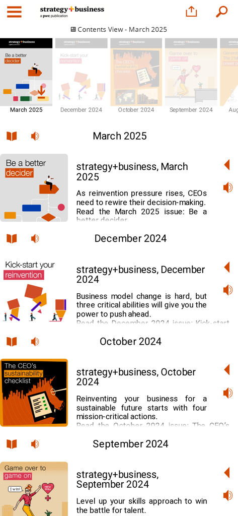 strategy+business magazine - The strategy+business magazine app interface displaying various issue covers and article summaries.