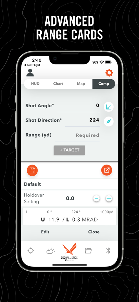 GeoBallistics - GeoBallistics app interface showing advanced range cards and shot parameters in Comp Mode for precision shooting