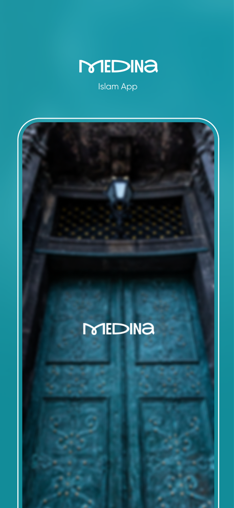 Pantalla de inicio de la aplicación Medina Islam con el logotipo de la aplicación y una puerta ornamentada de color verde azulado.