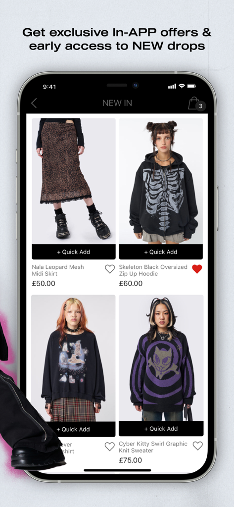 Minga London mobile app displaying new alternative fashion arrivals and exclusive in-app offers.