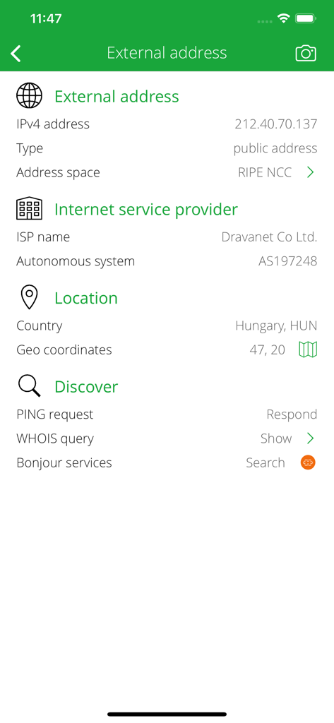 DLNA Browser - DLNA Browser app interface showing external IP address ISP and location details