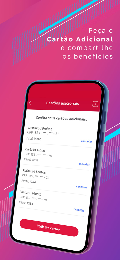 Bradesco Cartoes app screen showing a list of additional cards and an option to request a new one