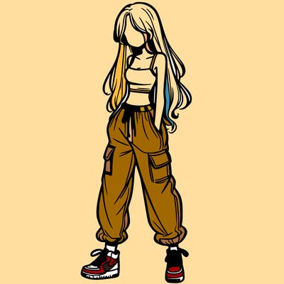 girl in baggy pants crop top and long hair