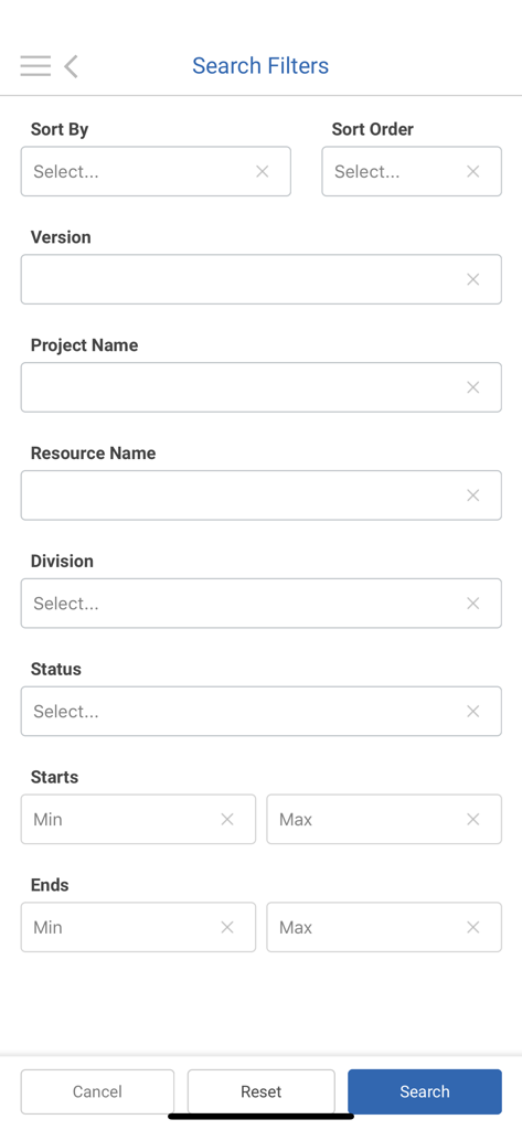The search filters screen of the Workforce Logiq Mobile app featuring fields for project name, resource name, division, status, and date ranges.