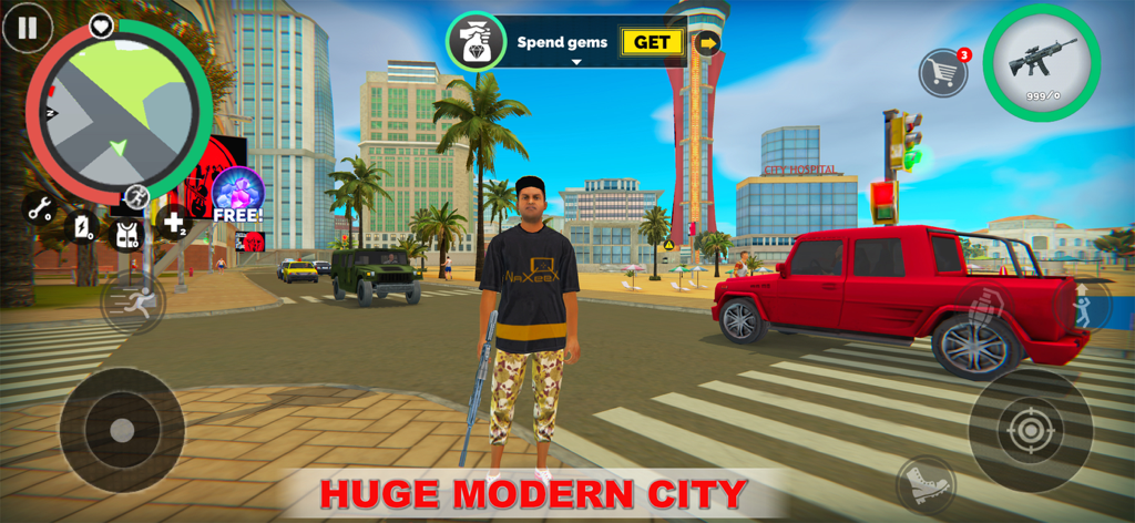 Un personaje sosteniendo un arma en una calle de la ciudad en el juego Vegas Crime Simulator con un camión rojo y edificios altos