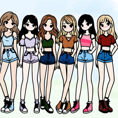 a group of girls wearing crop tops and shorts