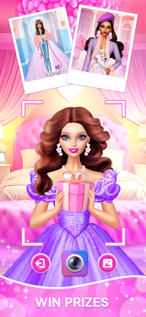 Doll Dress Up: Dream House - A princess doll in a purple gown holding a pink gift box in her dream house bedroom