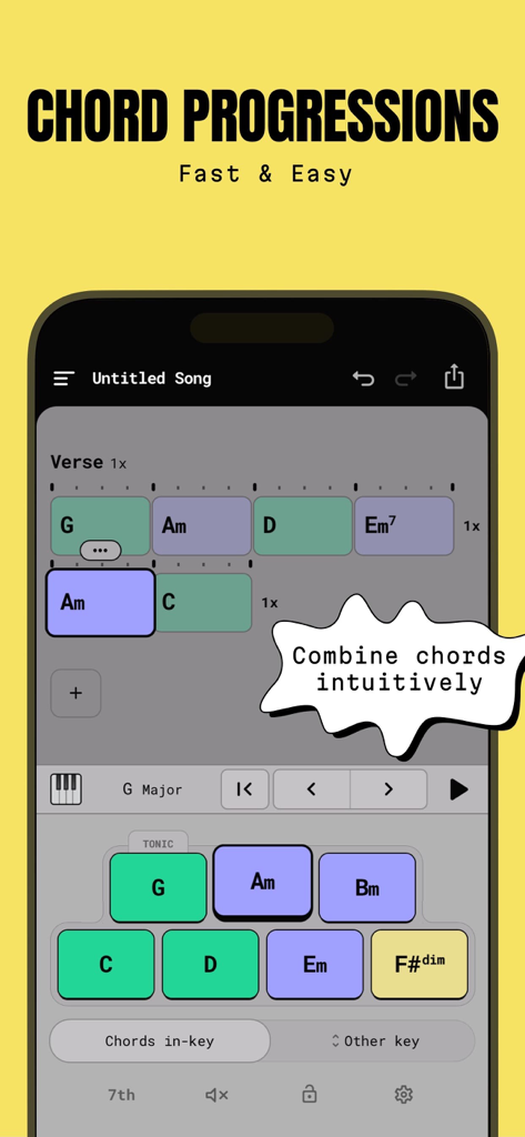ChordButter app interface showing a block-based chord progression composer for easy songwriting.