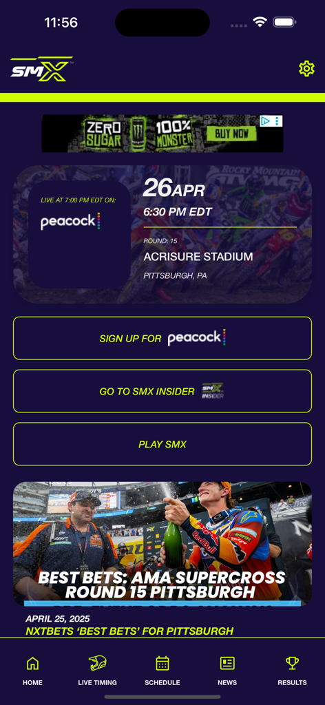 SMX Live Timing and Scoring - SMX Live Timing and Scoring app home screen displaying the race schedule and news articles