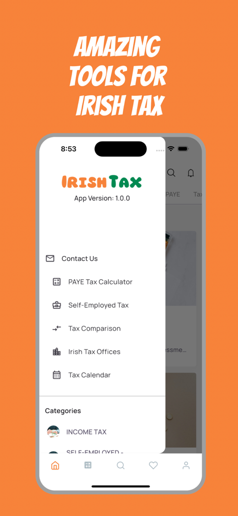 Main menu of the Irish Tax Calculator app showcasing various financial planning tools and tax calculators