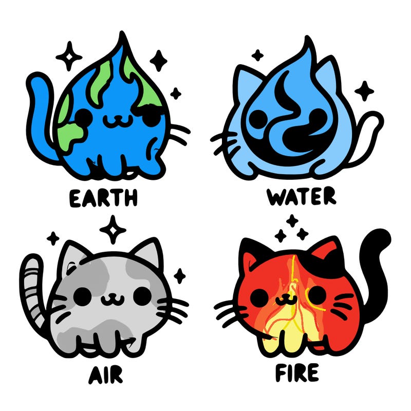 4 cats that represent the different elements, earth, water, air, and fire