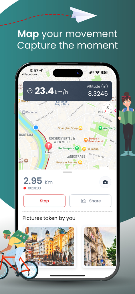 Track My Journey app displaying real time GPS route tracking and personal travel photos