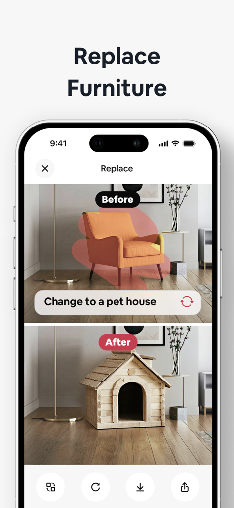 AI Home Decor-Interior Design - Aplicativo de decoração de casa com IA mostrando uma comparação de antes e depois de uma poltrona substituída por uma casinha de cachorro usando um prompt de texto