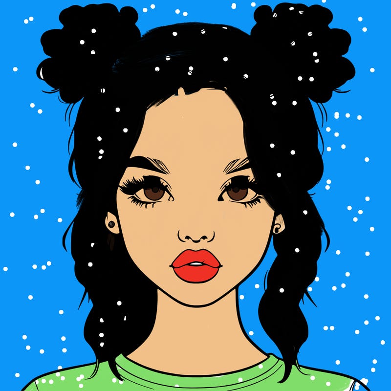 realistic girl with two buns in hair and lips
