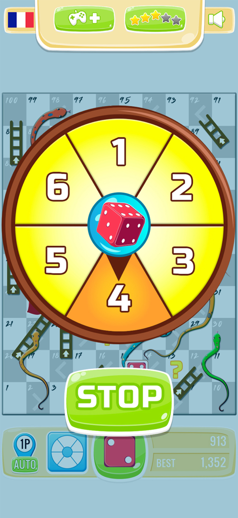 Pantalla del juego Serpientes y Escaleras con una ruleta numerada y dados
