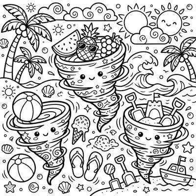 Experience the unexpected joy of summer with this delightful coloring page featuring playful, smiling tornadoes. Immerse yourself in a vibrant beach setting complete with tropical delights and sunny elements.