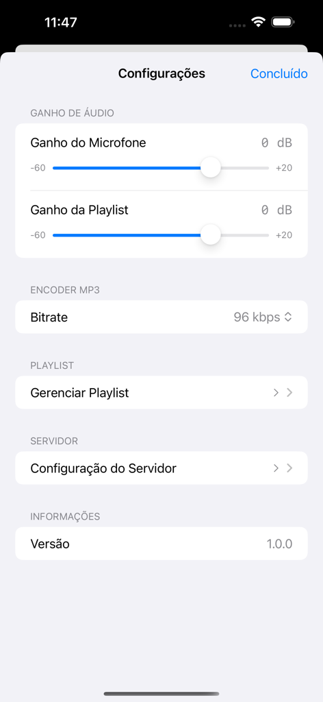 APPRADIO.PRO - Mix Live - Interface of the Mix Live app settings screen with audio gain sliders and mp3 bitrate selection.